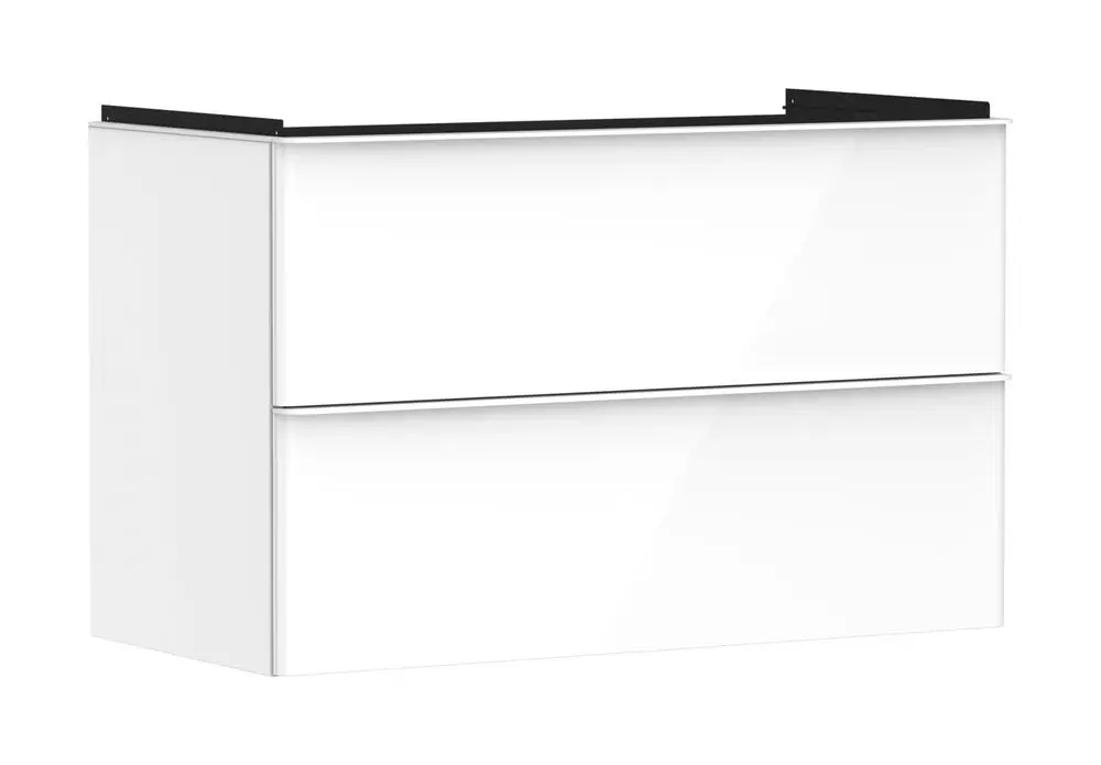 Weißer Waschtischunterschrank von Hansgrohe mit zwei Schubkästen, minimalistisches Design und glänzende Oberfläche, geeignet für Badezimmeranwendungen.